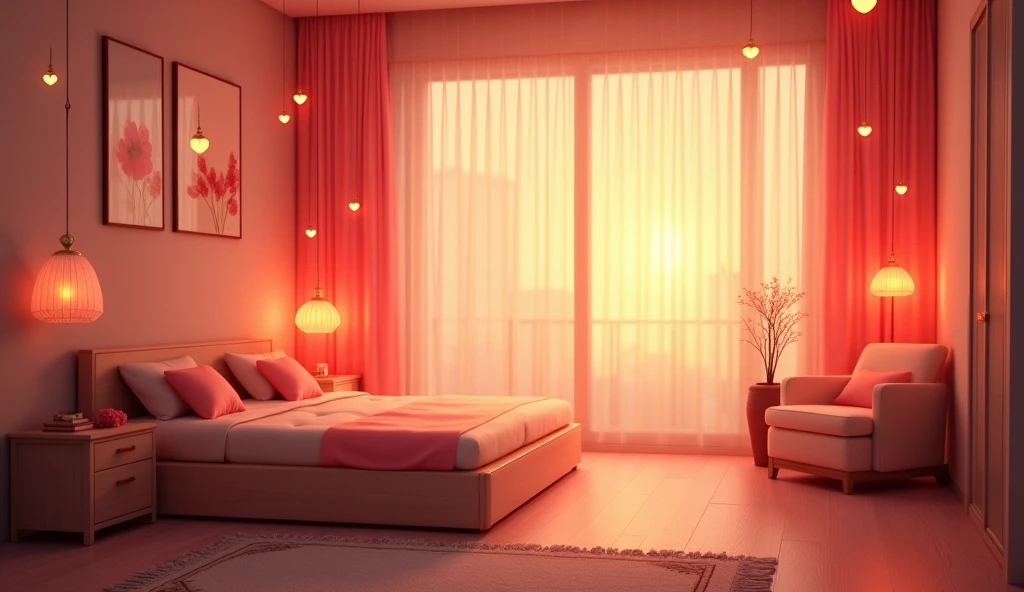 Background image, warm soft light, no people, indoors, heart effects, 2.5D, delicate and dynamic, graphic CG digital art