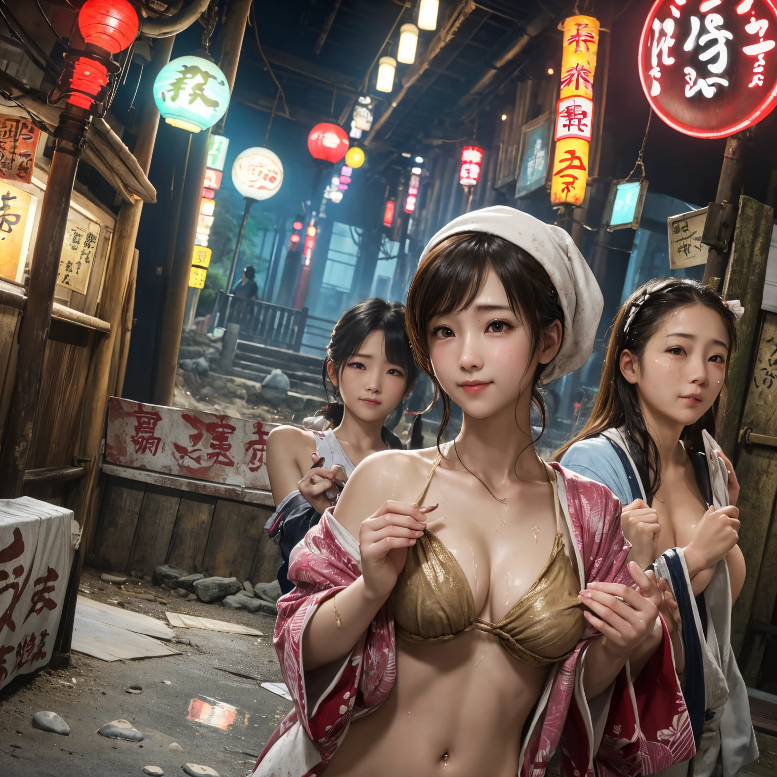 (((masterpiece、Highest quality)))、Cute girls gather、Three girls in summer clothes、beautiful girl、((Detailed and cute face、Big beautiful eyes))、((horrorp、Showa Retro:1.2、Haunted house:1.2、Hot Spring Town、Hot spring facilities、Special baths、stage))、Places to visit in Japan、(Detailed and cute face:1.3、Nipples、Pussy、Anal)、(Poor conditions、smile、Japan's poor neighborhoods、Dim and unsanitary、Standing Bar、みんなで楽しくdiet、Crumbling underground shopping mall:1.3)、屋台のdiet店、stage、sewage、Dirty shop、street vendors、Unsanitary and abandoned city、smile、diet、Poor person々