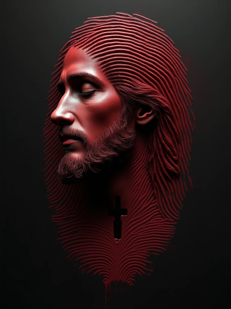 a fingerprint with a cross in the middle, blood-colored fingerprint, exposed with the face of Christ, face to the side with eyes closed looking at the ground.