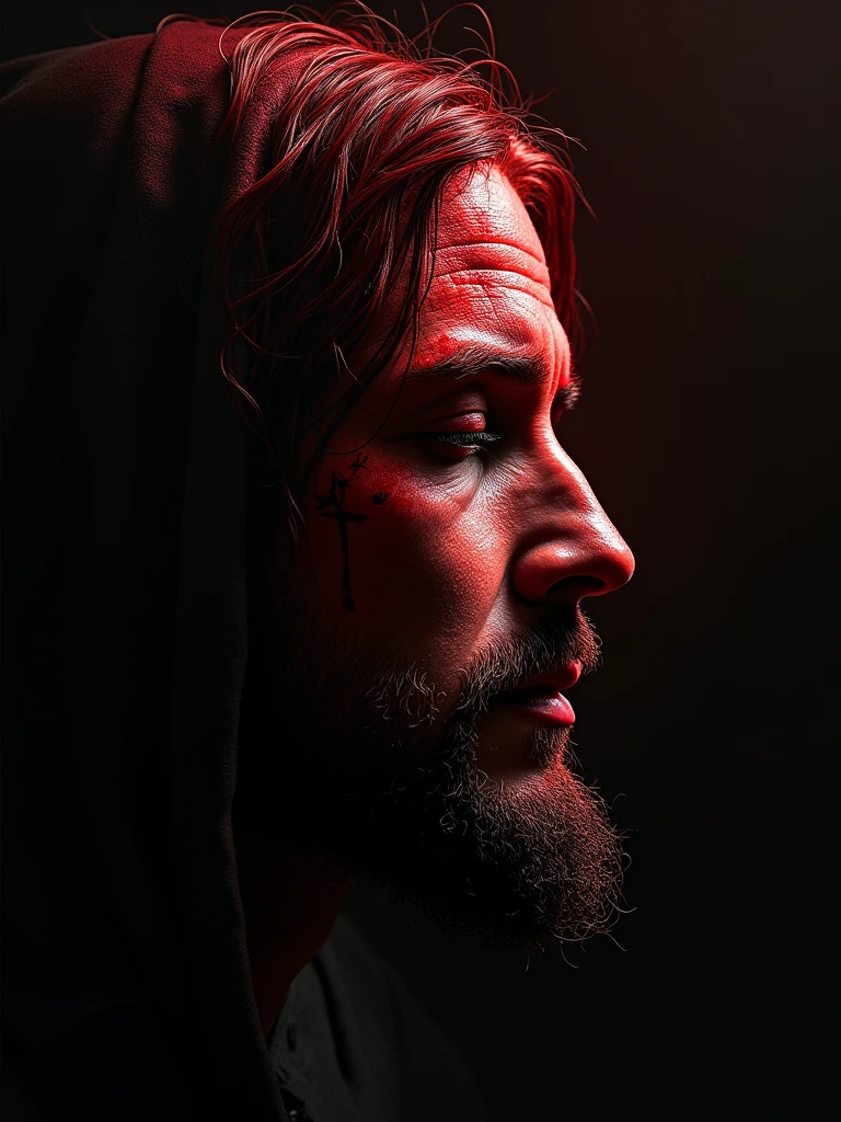 a fingerprint with a cross in the middle, blood-colored fingerprint, exposed with the face of Christ, face to the side with eyes closed looking at the ground.