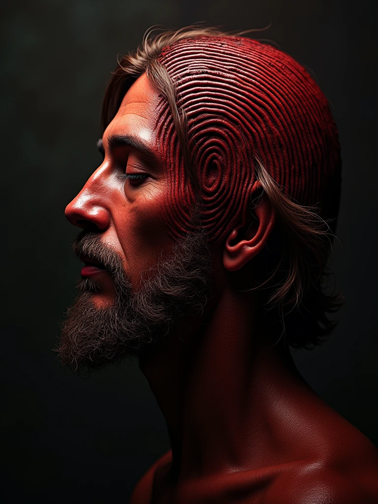 a fingerprint with a cross in the middle, blood-colored fingerprint, exposed with the face of Christ, face to the side with eyes closed looking at the ground.