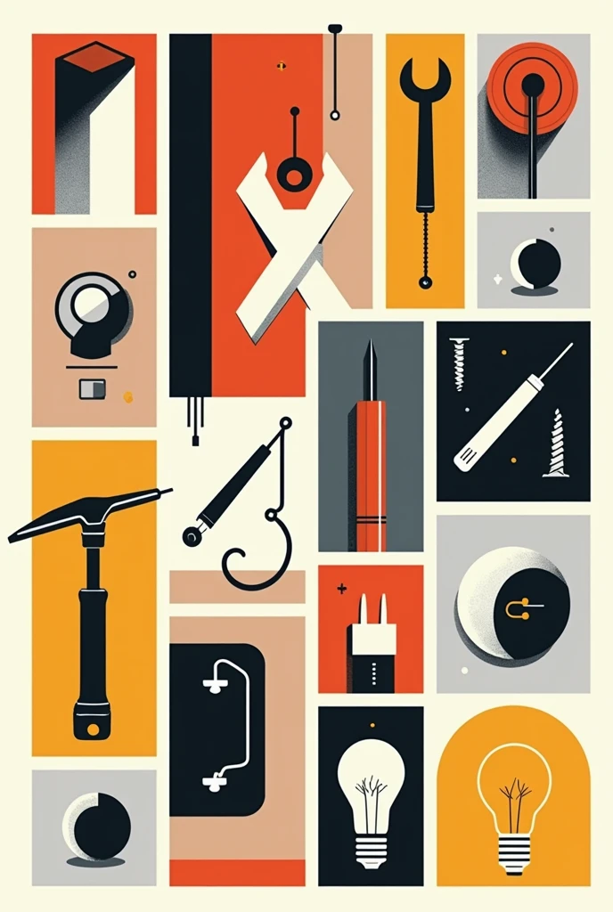 Create a drawing in the style of Joaquin Torres Garcia in vertical, but instead of having the symbols of that painter, draw symbols ONLY of basic electrical tools and components SIMPLE to draw (hammer, Wrench, tweezers, light bulb, Screwdriver, screws, thermal wrench, plug). Make ALL squares and geometric shapes and inside some of these draw the tools. All with primary colors. Don&#39;t do it in 3D, Make it cartoon style just the outline and the tools in black and white. There are no borders between geometric figures. At least 15 squares of different sizes.