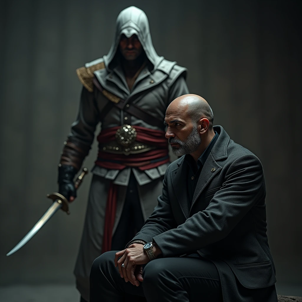 homme chauve asis avec un assassin's creed altair debout derriere lui avec sa lame secrete