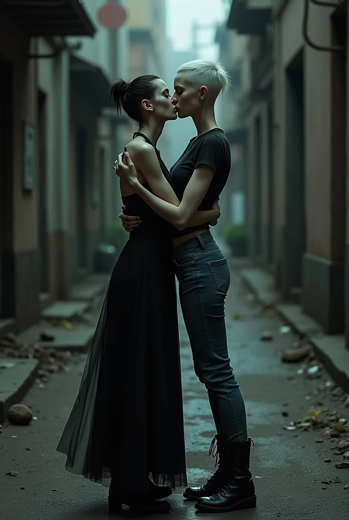 Make two WOMEN girlfriends: a super malnourished brunette with gothic clothes and another with WHITE skin and masculine features and street clothes.