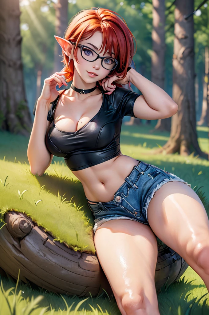 
(large breasts 1.4), beautiful elf woman, ((Short Red Hair: 1.6, straight with shine)), bright blue eyes, bright eyes, double eyelids, light effect on eyes, detailed irises, sexy, curvy body, glasses,(( black tee shirt, choker, tiny denim shorts, black high heels, legs exposed,)) ((micro denim shorts, edgy sexy, Beautiful and cool, shorts)), ((work of art, hyper-realistic, hyper detailed, Best quality, 16k, light and shadow on skin, vivid colors), eyeliner, Thin eyebrows, Sensual expression, perfect lips, sexy mature face, ((skin with light and shadow) flirting seductively with the viewer, lots of freckles, full lips, extreme blush, smile, ((laying down on stomach on grass in forest)), daytime, noon, rays of light, masterpiece, ((hand resting in hair, biting lower lip)) ((Side View)),