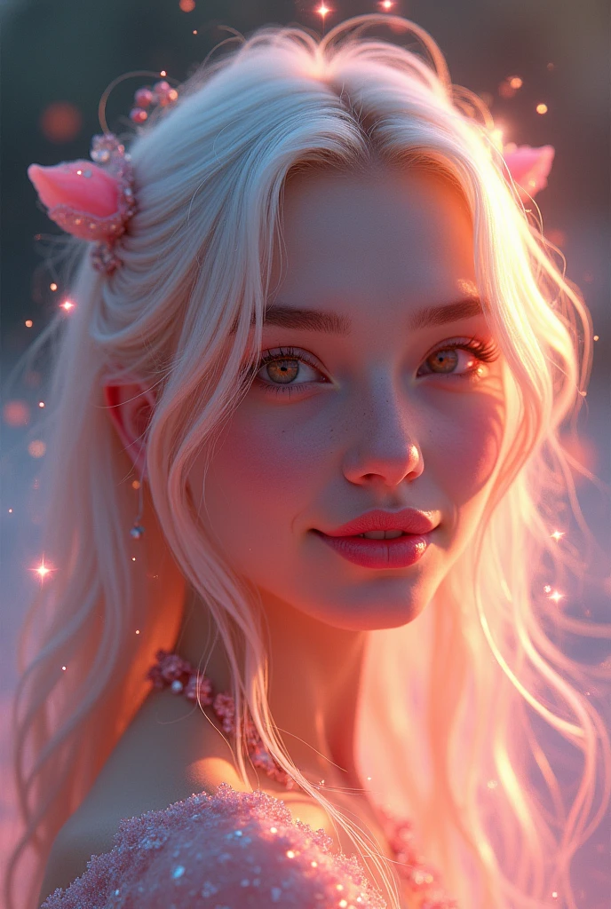 Soft Light, Gentle colors, Romanticism, Sparkle Effect, fluorescence, accessories, 360° View, smile, Pink Eyes, Bright Eyes, smile, chest, Crystal Earrings, Long Hair, blonde, Gradient color hairstyle, number々Awards for, High resolution, High resolutionモデル, 超High resolution, Textured skin, Textured skin, One person, One personで, sight, teeth, Decorative arts, masterpiece, Highest quality, 