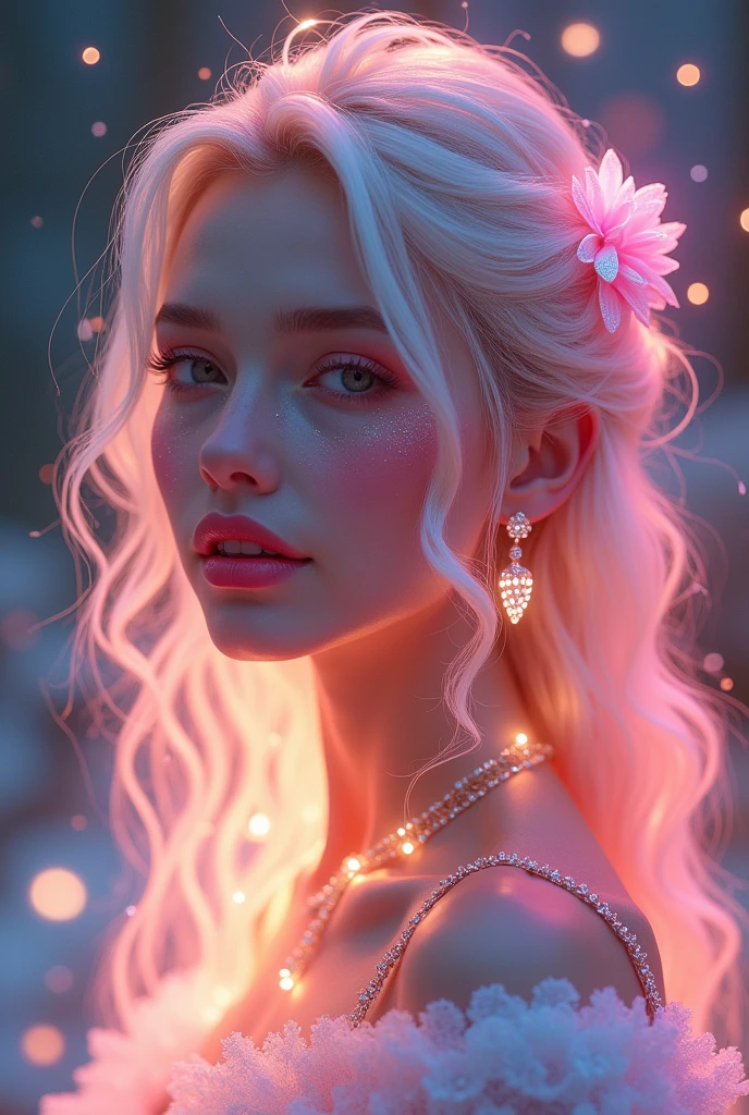 Soft Light, Gentle colors, Romanticism, Sparkle Effect, fluorescence, accessories, 360° View, smile, Pink Eyes, Bright Eyes, smile, chest, Crystal Earrings, Long Hair, blonde, Gradient color hairstyle, number々Awards for, High resolution, High resolutionモデル, 超High resolution, Textured skin, Textured skin, One person, One personで, sight, teeth, Decorative arts, masterpiece, Highest quality,