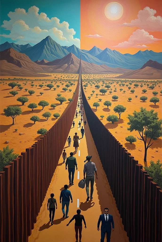 mural depicting classism between the US.UU. and Mexico on the border, as if it had been painted by diego rivera