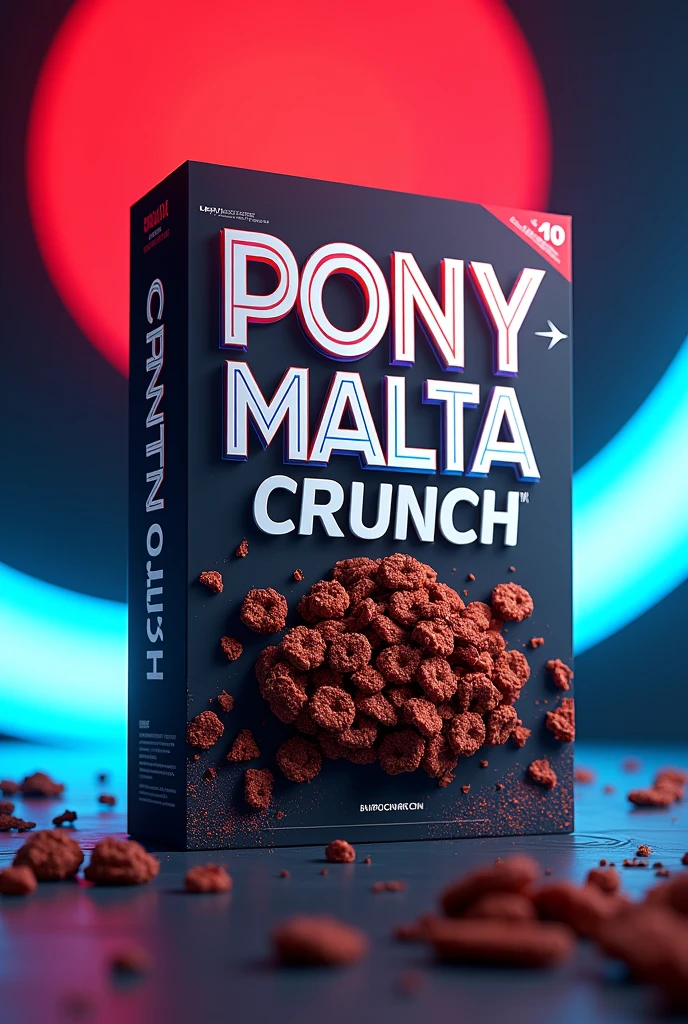 Cereal box with Pony Malta Crunch text:[design with futuristic red and blue colors:0.6], [ shows a cereal of Crunchy chocolate granola:0.8]
