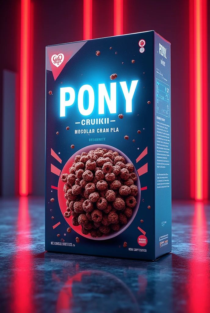 Cereal box with Pony Malta Crunch text:[design with futuristic red and blue colors:0.6], [ shows a cereal of Crunchy chocolate granola:0.8]

