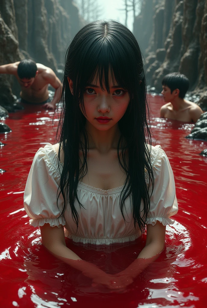 (32K:1.9, Horror expression:1.9, Highest quality, masterpiece, Ultra-high resolution), Professional random camera work, Perfect dynamic composition, Highly detailed skin and facial textures, Detailed eyes, Detailed limbs, (The Darkest Dungeon:1.3), cute, Sexy and slim Japanese woman, Fair skin, Tilt your head, (5 Zombies:1.7, Zombie touching a woman:2.0, Raindrops falling from the ceiling:1.5), (Huge breasts that are about to burst, areola is not visible, Big cleavage, A look of despair:1.3, Expression of despair:1.3, Totally captivates you, Pure white camisole dress:1.5), Beautiful Blue Eyes, Beautiful erotic eyes, Sexy Face, blush, Beautiful sensual atmosphere, ((Bloody:2.0, Covered in bruises:2.0, Bruises on the face:2.0, Lots of big chains:1.9, Crucified:1.9, Countless chains tangled in clothes:1.9, The right arm is attached to the cross:1.9, The left arm is attached to the cross:1.9, Both hands are chained、Tied tightly to the cross, The right leg is bound with a shackle and chain:1.9, The left leg is bound with a shackle and chain:1.9)), (Too erotic)