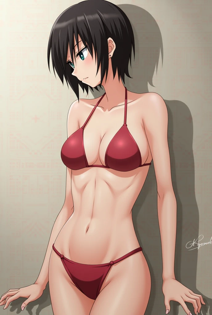 anime screenshot, forest, path,
1girl, solo, hand on thigh, short hair, black hair, purple eyes, small breasts, black purple bikini, smile, navel, wide hips, ass, look at the viewer, hair between the eyes, cowboy shot, face the viewer, erotica