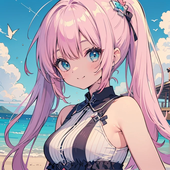delicate、masterpiece、Highest quality、2 peopleの、2 peopleだけ、2 people、(((cute、Pink Hair、Long Hair、Twin tails,distinct eyes、haveは無し)))、(((cute、Silver Hair、Side Tail、High ponytail on the left、have)))、Flat Color、2 peopleとも正面を向いている、Sparkling eyes sketch(flying debris), (Highest quality), Very detailed, ((1 person)), Focus Only,dynamic,((smile)),Perfect Face, Beautiful Face, Very detailedな顔,Swimwear,Idle only,Gorgeous hair ornament,smile,Large Breasts,Sandy Beach,Underarm、