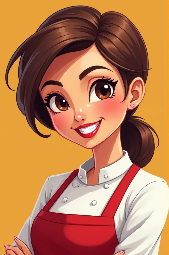 Woman chef brown hair smiling red painted smile animated straight hair for restaurant logo