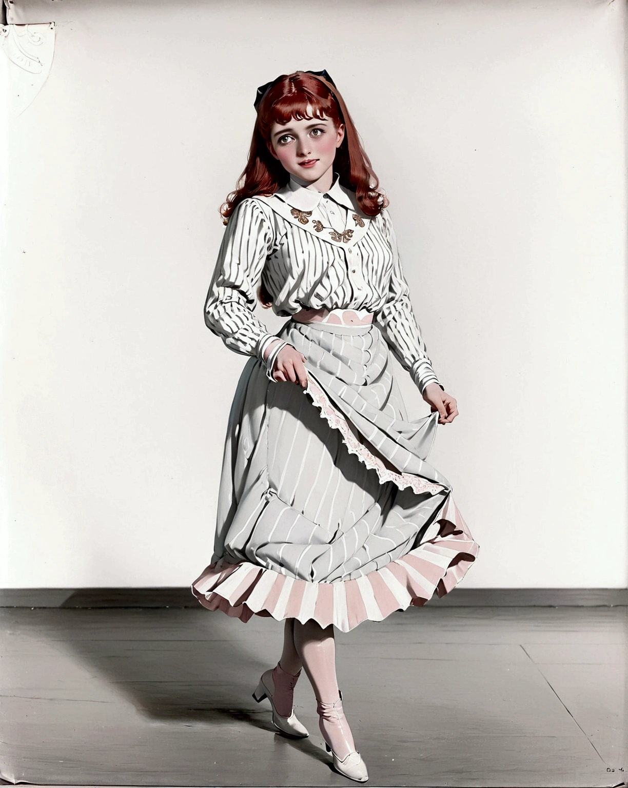 Esther Smith (Meet Me In St. Louis), a sexually attractive 15yo redhead Gibson Girl of the 1900s flirting with an old man, daintily lifting her skirt and petticoats to reveal her garter silk stockings and boots. Year 1903. 1900_dr3ss. High-collar long sleeve shirtwaist 