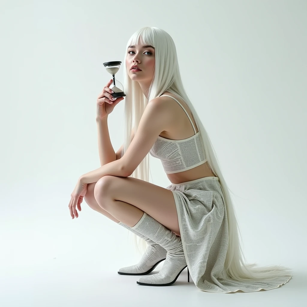 A woman with long straight white hair,she will wear a paper crop top made from newspaper,a mini paper skirt made from newspaper and a boot made from newspaper,she will be crouching and the background will be white ,I want her to be beautiful like a model and in her hand she will have an hourglass