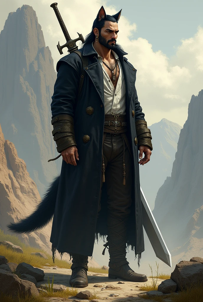 He is a tall, 2 meter tall indigenous man with a square face and short dark hair and a beardless face with a smooth face. His eyes are wolf-like and one of them is closed with pointy ears with earrings. He wears a dark black overcoat with a white shirt underneath and dark pants and has a strong physique and a wolf's tail. A large sword is strapped to his back. I would like the art in a fantasy RPG style. In the Wild West