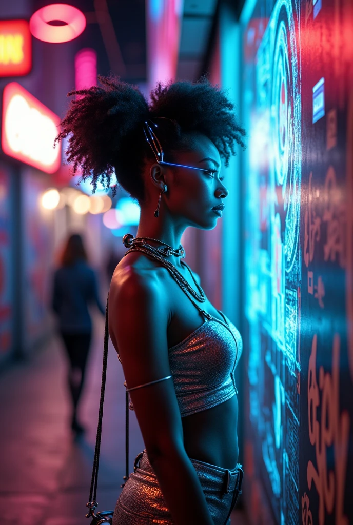 Here’s a detailed and realistic description of a cyberpunk-themed image featuring the same woman:

"In a striking cyberpunk metropolis, a vivid portrait captures the woman in a neon-lit alleyway, where the clash of technology and human creativity bursts to life. Dressed in a sleek, form-fitting outfit of shimmering metallic fabrics and urban-chic accessories, she embodies the essence of futuristic fashion. Her radiant skin glows under the hum of overhead holographic advertisements that flicker and pulse with vibrant colors, creating a stunning contrast with the gritty textures of the graffiti-covered walls around her. 

Her afro hair is intricately styled with glowing LED strands, reflecting the iridescent lights that cascade through the narrow urban passage. The atmosphere is filled with the ambient sounds of the city: the low thrum of hover cars, distant chatter, and the whir of drones gliding overhead, yet she stands poised and serene, a beacon of confidence against the kaleidoscope of chaos. 

Perfect eyes brim with curiosity and determination, as she gazes at a futuristic projection that shimmers next to her—a digital display showcasing art and messages of social change, resonating with her own powerful presence. (Radiant neon lighting, deep contrasts, and sharp details), 160-color support, filmed on ARRI ALEXA 65, creating an immersive experience that feels both surreal and breathtakingly real. Shot by Don McCullin, this image connects her striking features, reminiscent of Angelina Jolie, with the heart of a futuristic world, capturing a moment that’s both enchanting and transformative."

beauty, cyberpunk, futuristic, model, elegance, urban, glamour, fashion, stunning, radiant, neon, confident, striking, innovative, artistic, technological, sophisticated, captivating, immersive, gritty, cultural, portrait, beauty photography, professional model, avant-garde, urban landscape.

