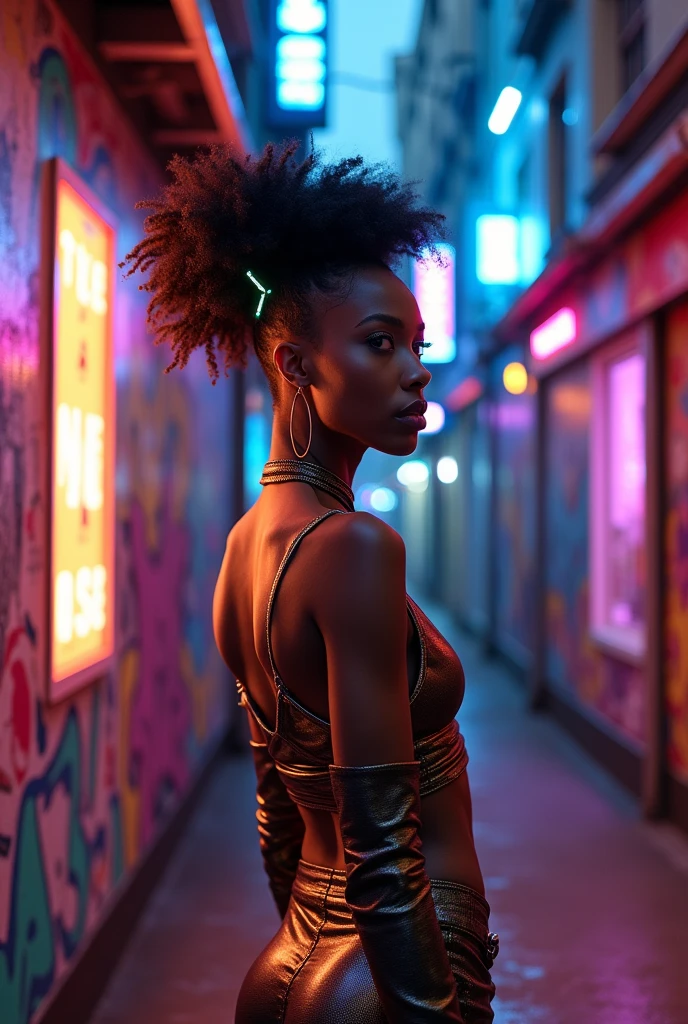 Here’s a detailed and realistic description of a cyberpunk-themed image featuring the same woman:
"In a striking cyberpunk metropolis, a vivid portrait captures the woman in a neon-lit alleyway, where the clash of technology and human creativity bursts to life. Dressed in a sleek, form-fitting outfit of shimmering metallic fabrics and urban-chic accessories, she embodies the essence of futuristic fashion. Her radiant skin glows under the hum of overhead holographic advertisements that flicker and pulse with vibrant colors, creating a stunning contrast with the gritty textures of the graffiti-covered walls around her.
Her afro hair is intricately styled with glowing LED strands, reflecting the iridescent lights that cascade through the narrow urban passage. The atmosphere is filled with the ambient sounds of the city: the low thrum of hover cars, distant chatter, and the whir of drones gliding overhead, yet she stands poised and serene, a beacon of confidence against the kaleidoscope of chaos.
Perfect eyes brim with curiosity and determination, as she gazes at a futuristic projection that shimmers next to her—a digital display showcasing art and messages of social change, resonating with her own powerful presence. (Radiant neon lighting, deep contrasts, and sharp details), 160-color support, filmed on ARRI ALEXA 65, creating an immersive experience that feels both surreal and breathtakingly real. Shot by Don McCullin, this image connects her striking features, reminiscent of Angelina Jolie, with the heart of a futuristic world, capturing a moment that’s both enchanting and transformative."
beauty, cyberpunk, futuristic, model, elegance, urban, glamour, fashion, stunning, radiant, neon, confident, striking, innovative, artistic, technological, sophisticated, captivating, immersive, gritty, cultural, portrait, beauty photography, professional model, avant-garde, urban landscape.