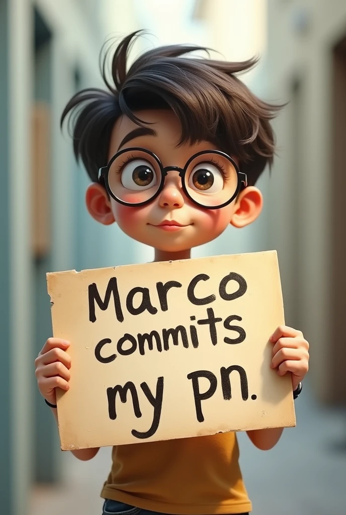 
A boy with glasses holding a sign that says Marco commits my PN.
