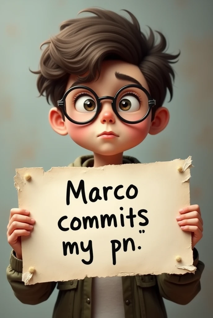 
A boy with glasses holding a sign that says Marco commits my PN.
