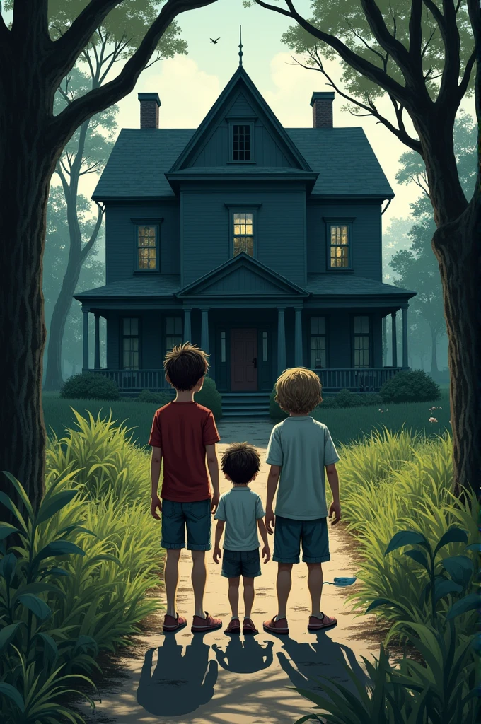 The three children are in the garden of Boo Radley's house. Scout and Dill are in front, looking nervously towards the house, while Jem stands behind holding a string or note. Boo Radley's house is old and mysterious, with dark windows and a neglected garden.
- **Details**: Add an atmosphere of tension with shadows and perhaps an expression of fear or curiosity on the children's faces..