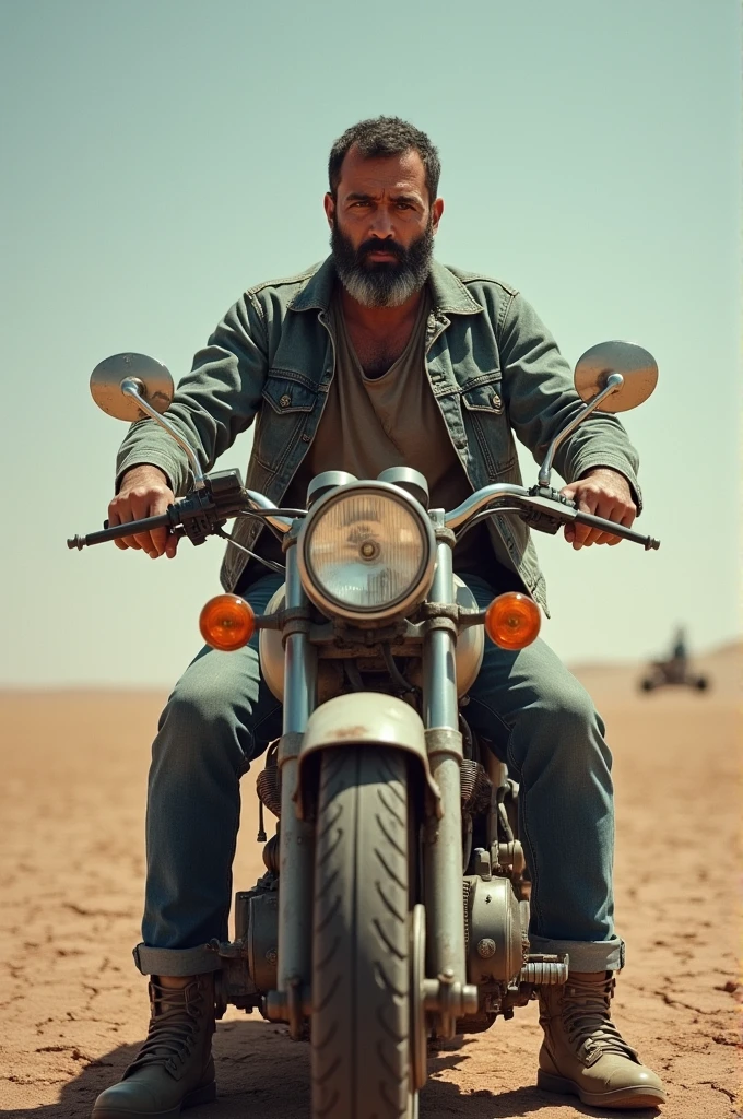 an arab man, short body, wearing a jeans jacket sitting on a classic motorbike on a barren land