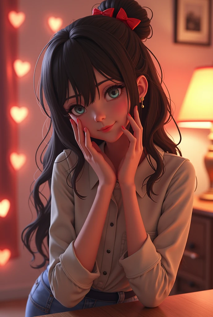 Background image, warm soft light, no people, indoors, heart effects, 2.5D, delicate and dynamic, graphic CG digital art, table lamp