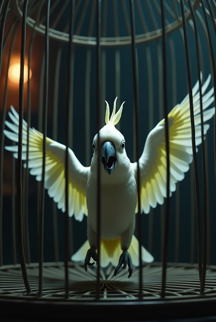 close up of a small white scared parrot flapping its wings inside a big bird cage on a living room table in the dark