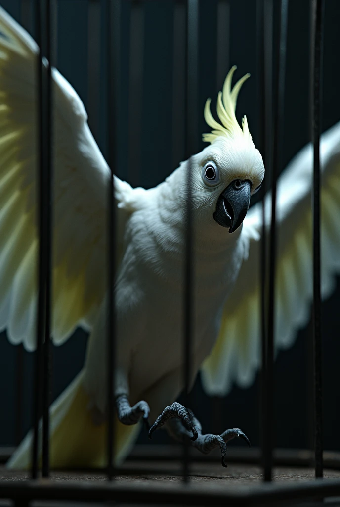 close up of a small white scared parrot flapping its wings inside a big bird cage on a living room table in the dark