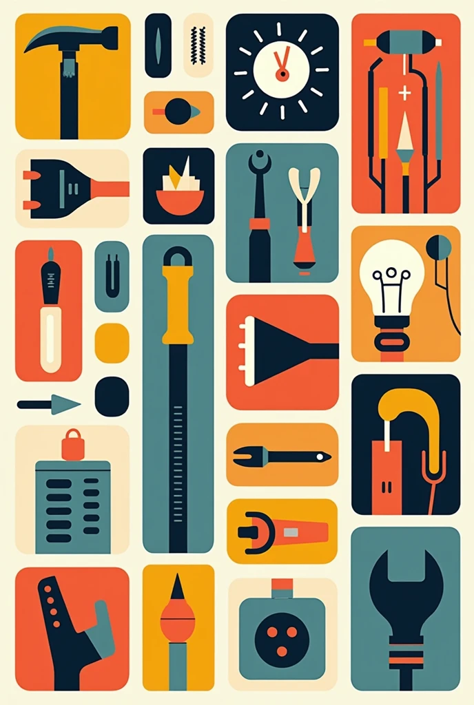 Create a drawing in the style of Joaquin Torres Garcia in vertical, but instead of having the symbols of that painter, draw symbols ONLY of basic electrical tools and components SIMPLE to draw (hammer, Wrench, tweezers, light bulb, Screwdriver, screws, thermal wrench, plug). Make ALL squares and geometric shapes and inside some of these draw the tools. All with primary colors. Don&#39;t do it in 3D, Make it cartoon style just the outline and the tools in black and white. There are no borders between geometric figures. At least 15 squares of different sizes.