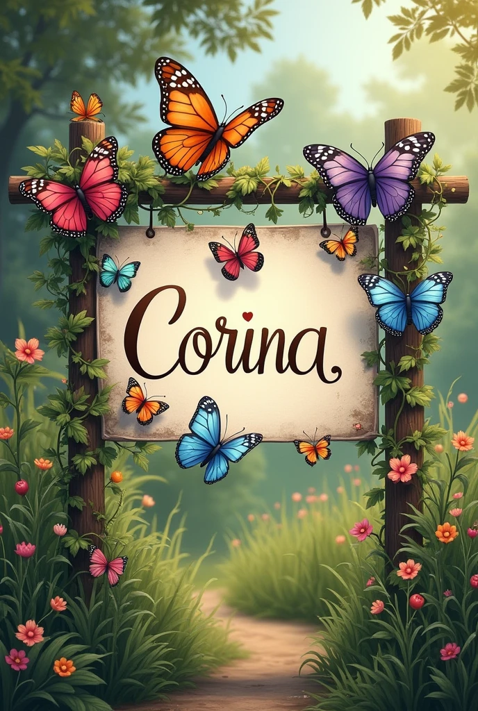 Sign that says Corina with butterflies