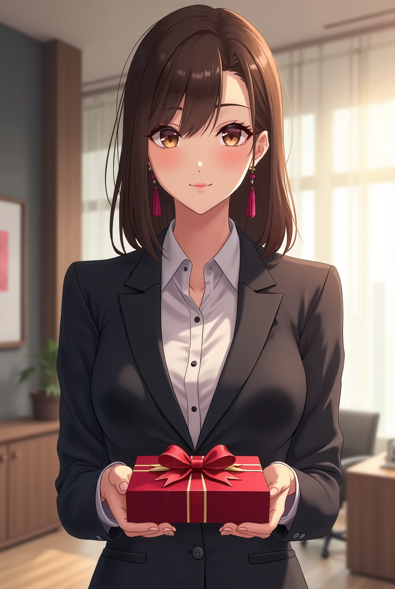 Mature anime office woman holding out a box of valentines choclates