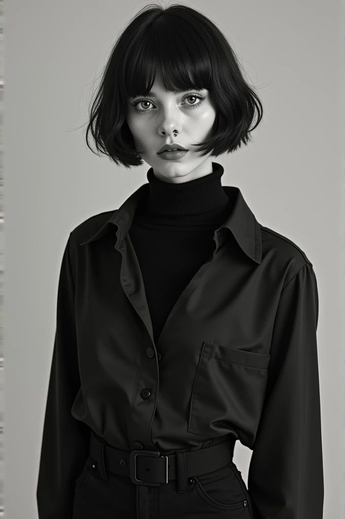 Girl with very pale skin, with a long-sleeved blouse and a black turtleneck, very short Chanel hair at chin length, bangs above the eyebrow, piercings na boca, black dress pants