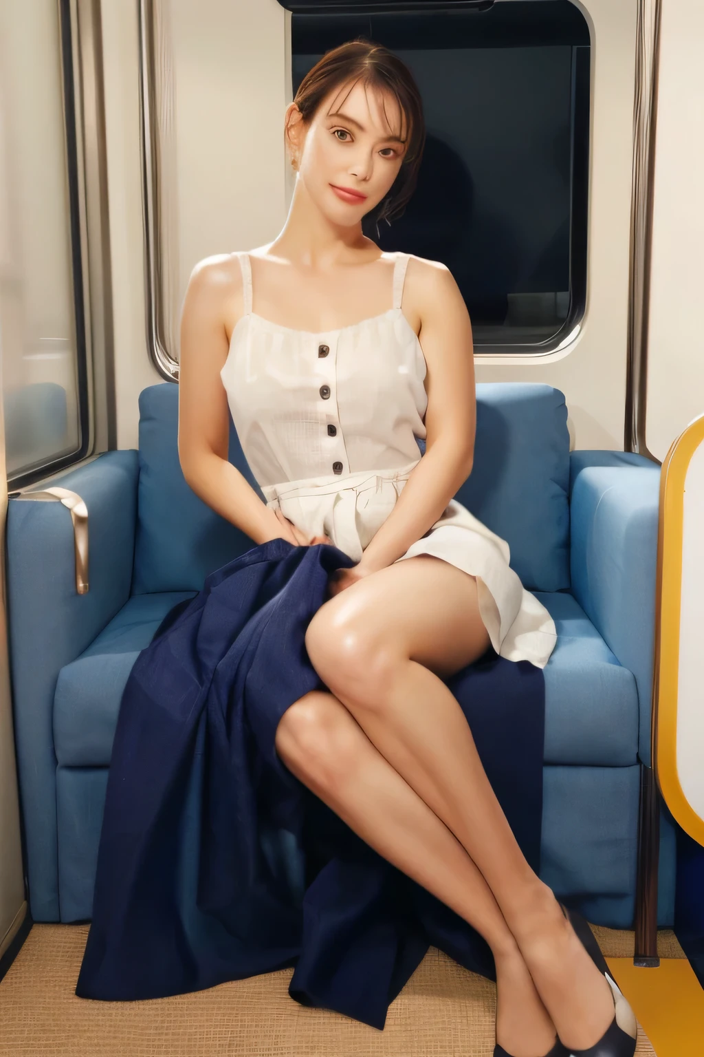 (masterpiece, best quality, 8k, RAW photo, beautiful and aesthetic:1.2),  complex detail, Indirect light, photorealistic,
full body, 
 Button-down linen sundress with a square neckline, 
 Train women , sitting chair  under skirt,