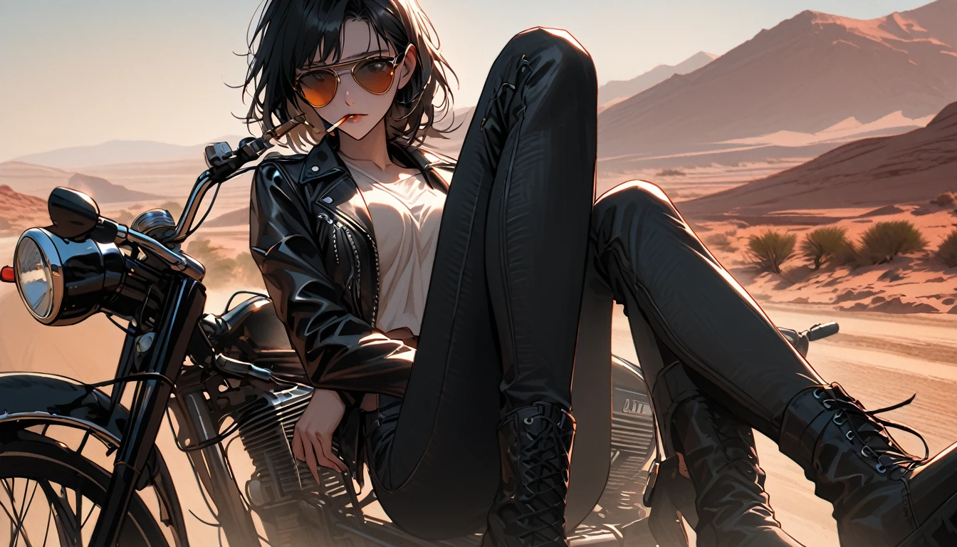 close up, female, short messy black hair, aviator sunglasses, cigarette in mouth, black leather jacket, worn jeans, leather boots, huge chopper bike, american desert road landscape with old dinner, sunny, bike gang, large breasts, tall, road, broad shoulders, from the knees up