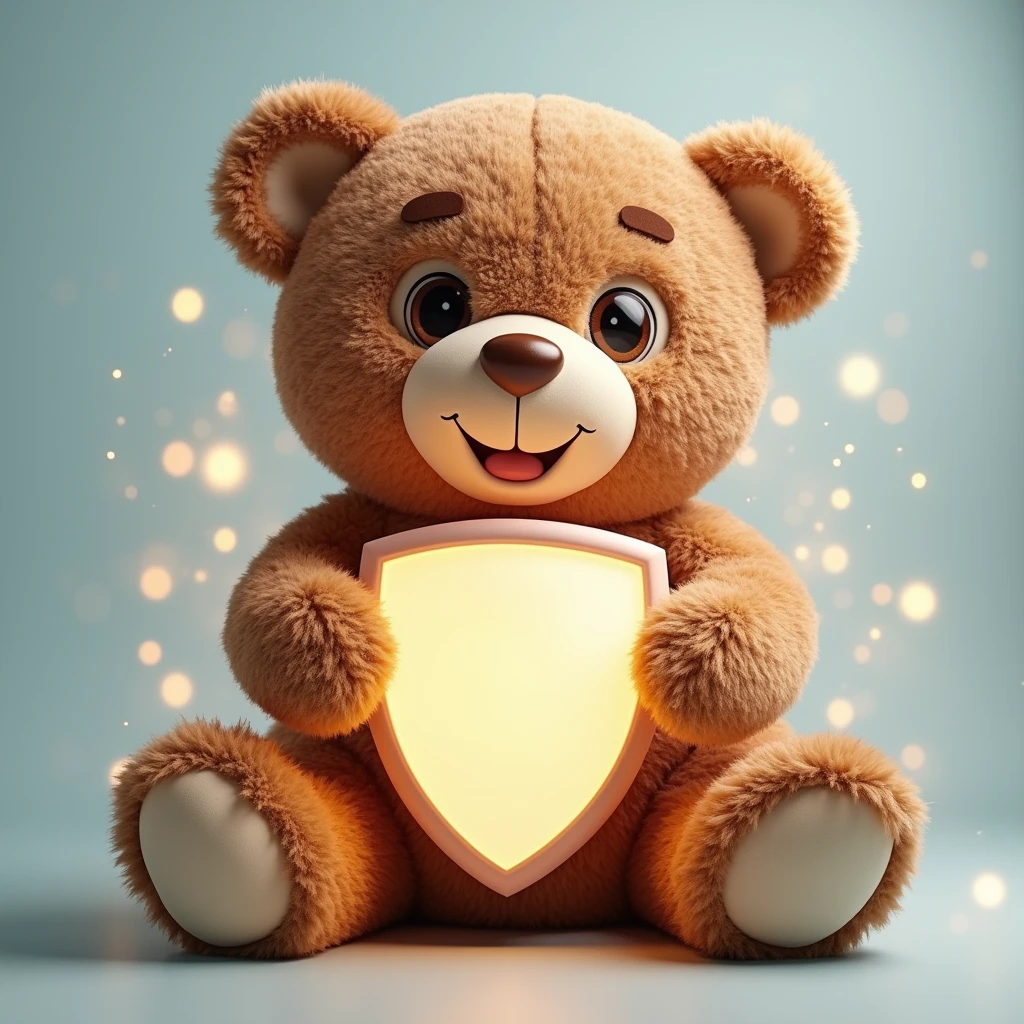 Imagine a giant, charismatic teddy bear, called "Teddy Shield". He displays a warm and welcoming smile, with big, expressive eyes that convey security and affection. Teddy holds a glowing protective shield, which symbolizes the anti-allergic and anti-fungal properties of the products "Premium Plush Toys". Bear fur is incredibly soft and plush, with soft shades of brown and beige that highlight the premium quality of the product. Around Teddy, there is a slight magical glow, suggesting protection and comfort. The soft lighting of the scene should highlight the textures of the fur and the details of the shield.. The pastel color palette, including baby blue and pearly white, reinforces the feeling of comfort and security. The bear is in a friendly pose, with open arms, as if ready for a hug, with a warm and welcoming expression.
Camera: 50mm lens, aperture f/1.8 for soft focus on the bear, slightly blurred background to highlight the character.
