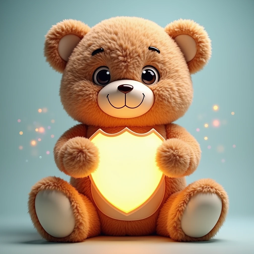 Imagine a giant, charismatic teddy bear, called "Teddy Shield". He displays a warm and welcoming smile, with big, expressive eyes that convey security and affection. Teddy holds a glowing protective shield, which symbolizes the anti-allergic and anti-fungal properties of the products "Premium Plush Toys". Bear fur is incredibly soft and plush, with soft shades of brown and beige that highlight the premium quality of the product. Around Teddy, there is a slight magical glow, suggesting protection and comfort. The soft lighting of the scene should highlight the textures of the fur and the details of the shield.. The pastel color palette, including baby blue and pearly white, reinforces the feeling of comfort and security. The bear is in a friendly pose, with open arms, as if ready for a hug, with a warm and welcoming expression.

Camera: 50mm lens, aperture f/1.8 for soft focus on the bear, slightly blurred background to highlight the character.