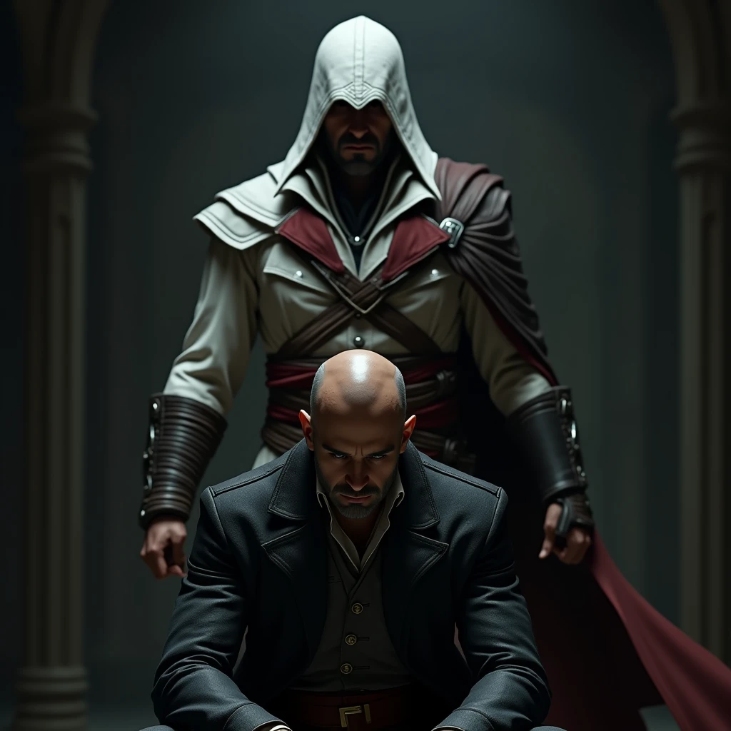 homme chauve asis avec un assassin's creed altair debout derriere lui avec sa lame secrete