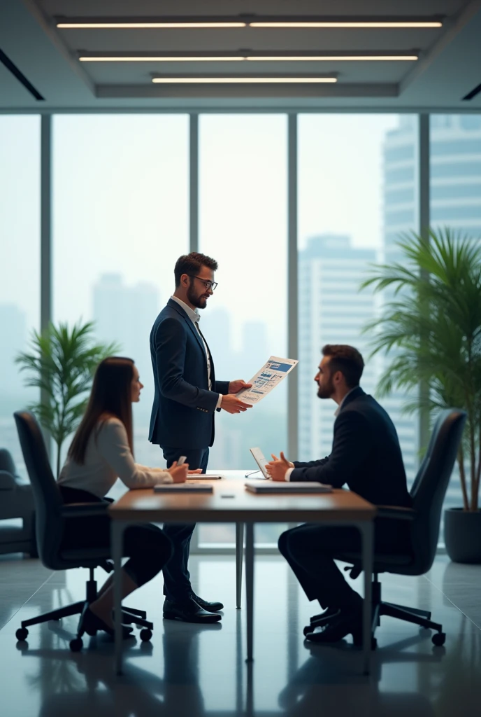 Office of a company. There is a meeting table with 2 chairs around it and a person is explaining a paper