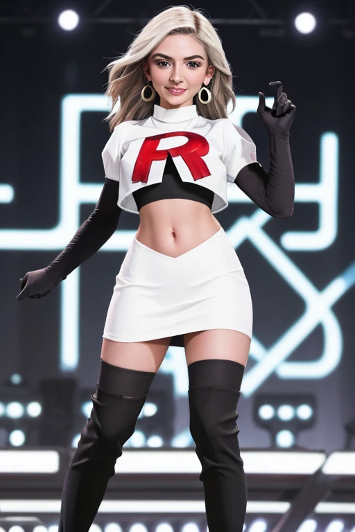 The face of Julia Michaels, 1girl, solo, team rocket,team rocket uniform,white skirt,red letter R,crop top,black thigh-highs,black elbow gloves, earrings, large breasts,