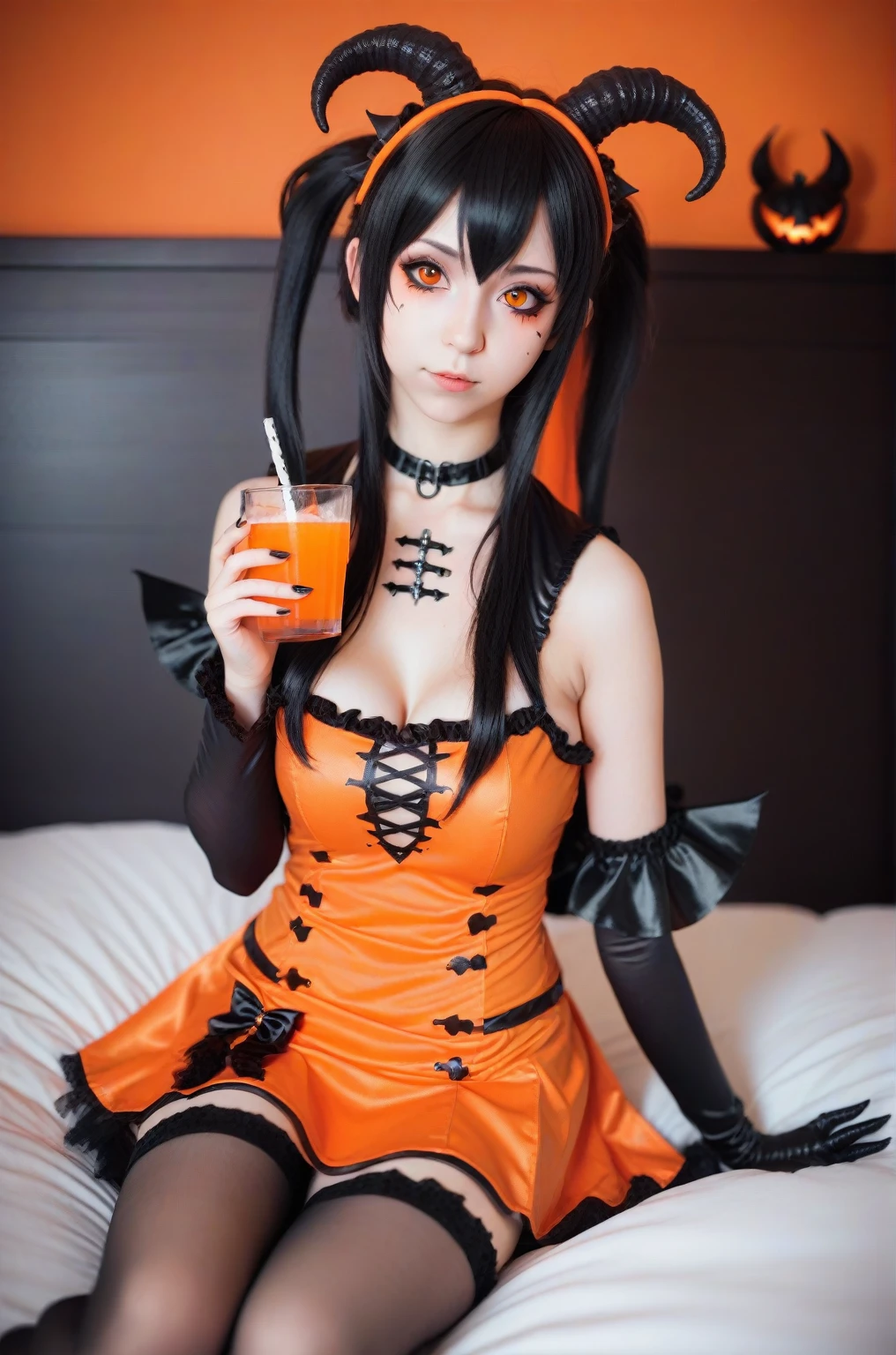 araffe dressed in a black and orange outfit sitting on a bed, ayaka Cosplay, Halloween style, , Succubus in a tight short dress, Portrait of an edgy age girl, anime girl Cosplay, black and orange, orange and black, , Eat and drink, Gothic maiden anime girl, Cosplay, Gothic!!