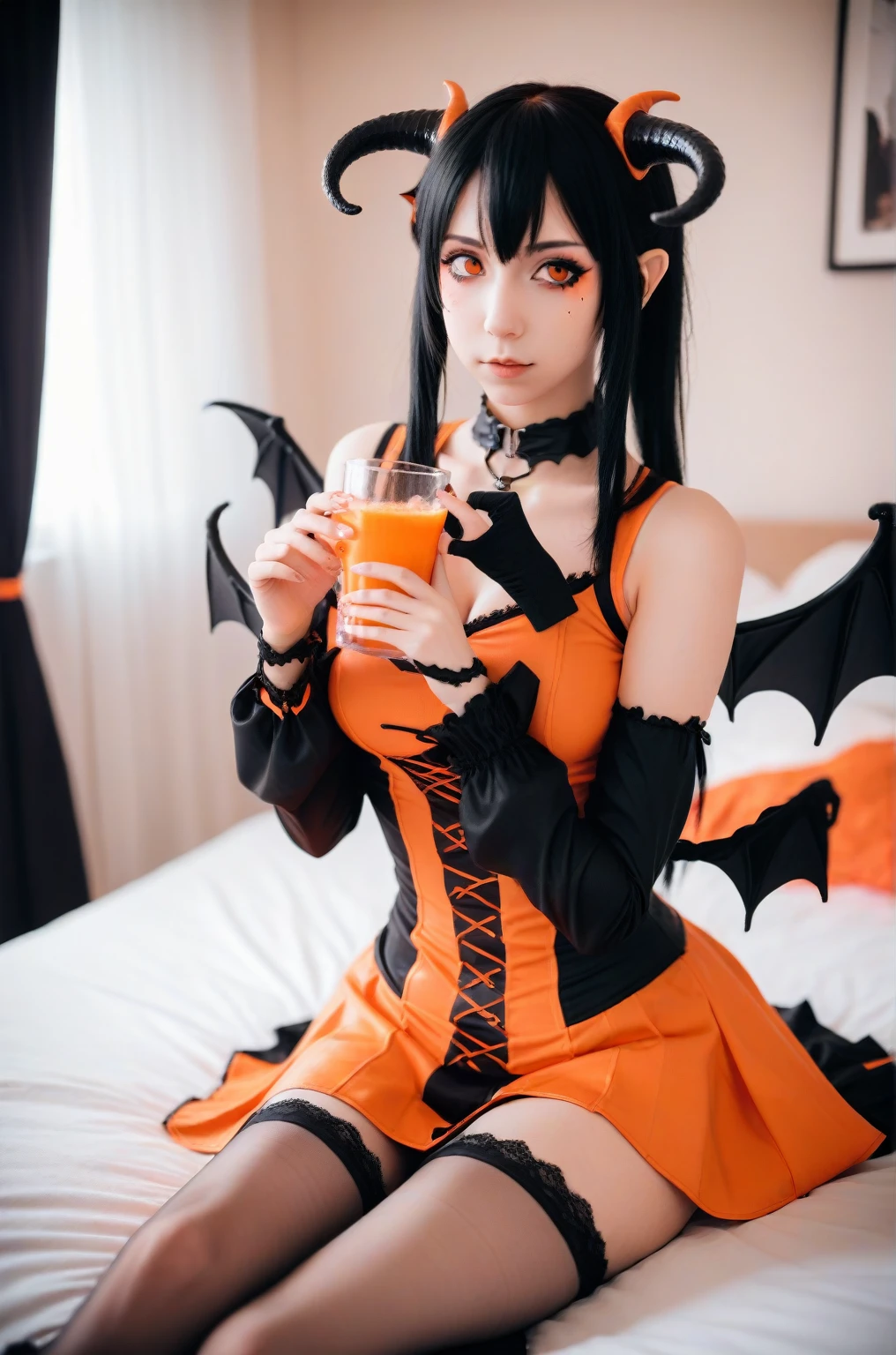 araffe dressed in a black and orange outfit sitting on a bed, ayaka Cosplay, Halloween style, , Succubus in a tight short dress, Portrait of an edgy age girl, anime girl Cosplay, black and orange, orange and black, , Eat and drink, Gothic maiden anime girl, Cosplay, Gothic!!