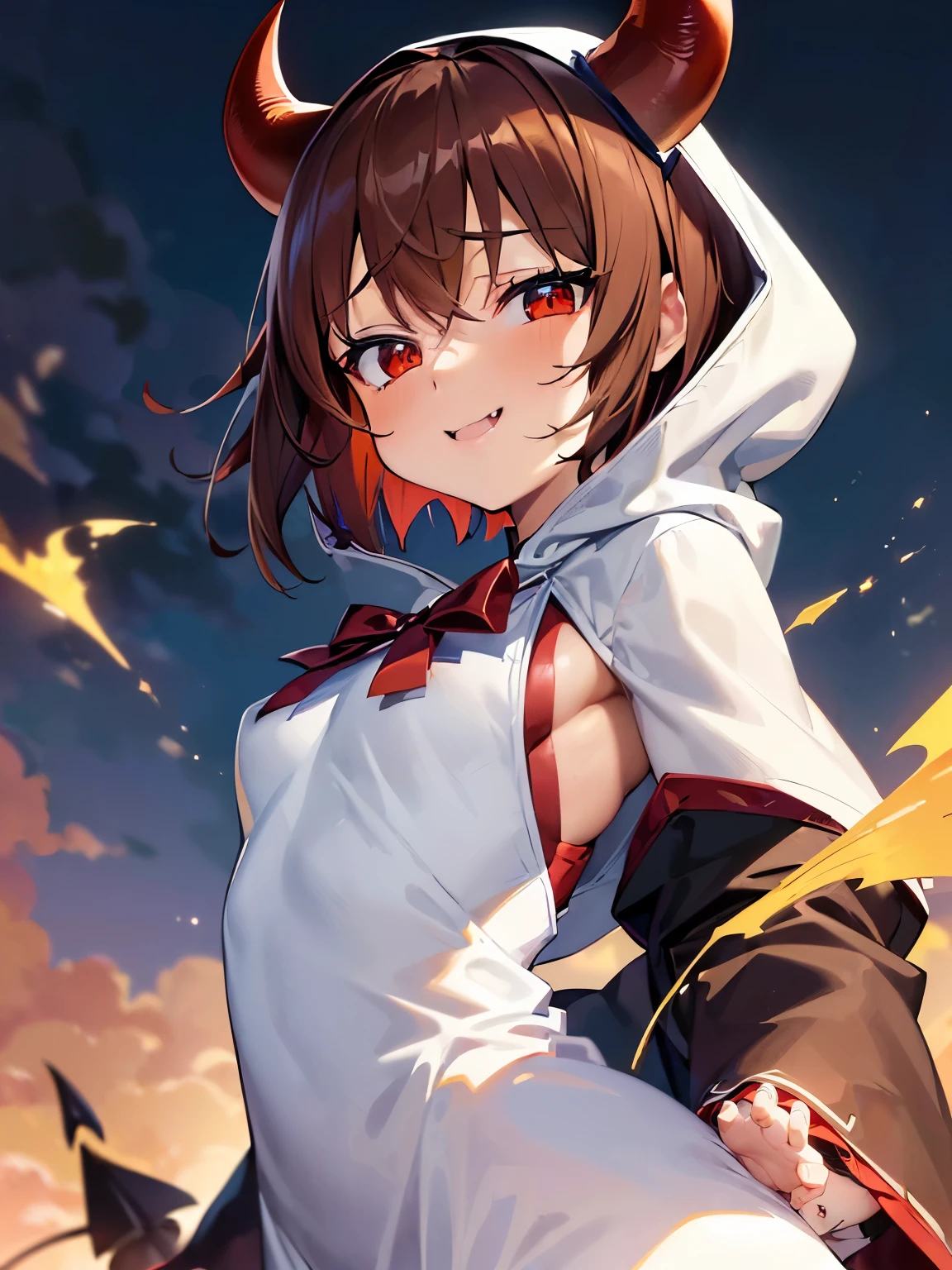 (SFW:1.5),(small breasts:1.3),anime, uhd, masterpiece, accurate, anatomically correct, super detail, high details, high quality, best quality, highres,beautiful, masterpiece, Highest quality, anime,(1athletic female:1.5), (alone:1.5), look at viewer, Intricate details, (Shining Eyes:1.3),(Beautifully detailed eyes:1.1),(Eyes are bright red:1.5),(short hair:1.5),(sidelocks:1.4),(Demon horns on head:1.5),(Brown Hair:1.5),slant eyes,Cheerful eyes,(Mouth wide open and fangs:1.3),(白いパーカーdress:1.5),(Sharp focus:1.2),from front,light smile,(upper body:1.5),aggressive,(White hood:1.5),dress
