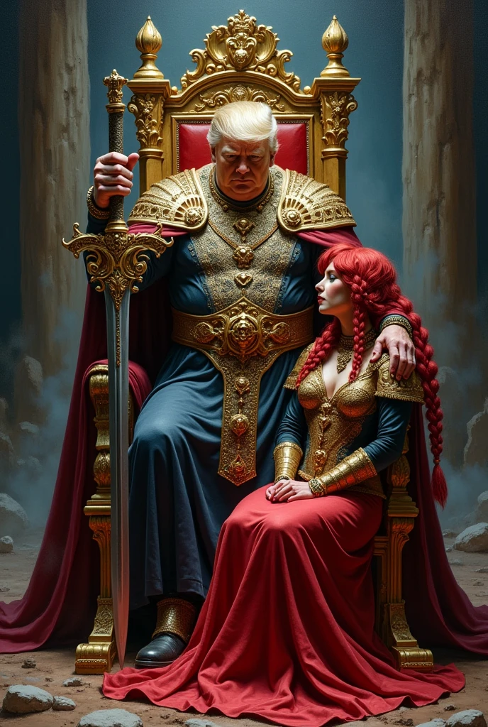 An exquisite dark fantasy oil painting depicting the formidable (Donald Trump :1.3) as Lord Conan, the emperor of the Waste, standing confidently next to his lavish, jewel-encrusted throne. His muscular build and striking features are accentuated as he grasps his resplendent, ornate sword with an intricate hilt. The masterful brushwork of Boris Vallejo and Frank Frazetta creates a sense of depth and dimension, with dramatic shadows highlighting his chiseled jawline and powerful stance. The captivating illustration exudes an aura of mystery and intrigue, inviting the viewer to explore this enthralling world. His consort, adorned with long red braided hair and a jeweled dress armor, sits at his feet, gazing up at him with admiration and devotion., painting, dark fantasy, illustration