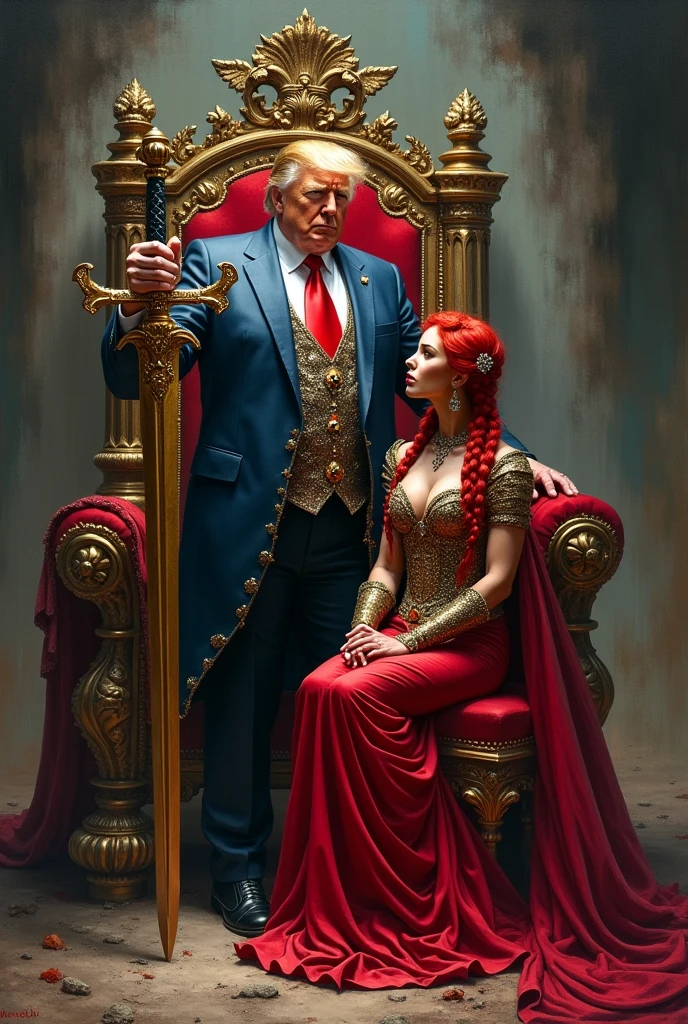 An exquisite dark fantasy oil painting depicting the formidable (Donald Trump :1.3) as Lord Conan, the emperor of the Waste, standing confidently next to his lavish, jewel-encrusted throne. His muscular build and striking features are accentuated as he grasps his resplendent, ornate sword with an intricate hilt. The masterful brushwork of Boris Vallejo and Frank Frazetta creates a sense of depth and dimension, with dramatic shadows highlighting his chiseled jawline and powerful stance. The captivating illustration exudes an aura of mystery and intrigue, inviting the viewer to explore this enthralling world. His consort, adorned with long red braided hair and a jeweled dress armor, sits at his feet, gazing up at him with admiration and devotion., painting, dark fantasy, illustration