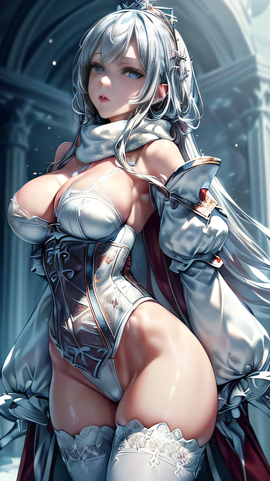 ((tall, beautiful, gorgeous young girl has ice queen)) ((seductive gaze)) (()) ((intense blue eyes)), ((dark eyeshadows make up)) ((red lips)) ((very long blonde hair)) ((big breast)) ((skinny body:1.3)) ((wear long sleeve corset bra,  white tiny thong, bottom with silver ornament, long white fluffy cape, scarf, gloves, magnificent crown, jewelry)) ((white stocking)) ((very sexy and relaxed pose)) ((inside ice palace, covered with snow and snow particles floating around)) ((full white snow has background covered with snow))((high definition:1.5), ((masterpiece:1.5))((8k:1.5)) ((Best quality:1.4)), more_details:-1, more_details:0, more_details:0.5, more_details:1, more_details:1.5, 