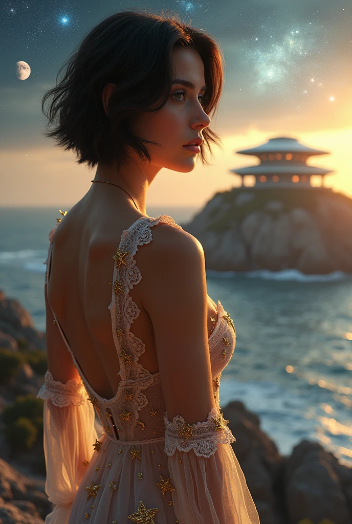 Image of a sexy woman with short brown hair, 3, talla 42DD, in the background a three-story house with a futuristic design with a starry background and two moons, The house has a view of the ocean from the mountains. wears a lace robe-style nightgown, White semi-transparent short sexy lace with gold star and planet details.