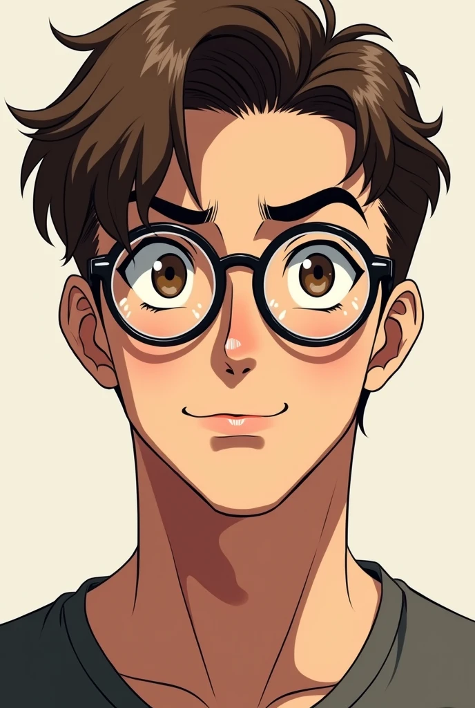 I want a man with thick eyebrows and full mouth with round glasses in anime style and Black Brown eyes and a short hair