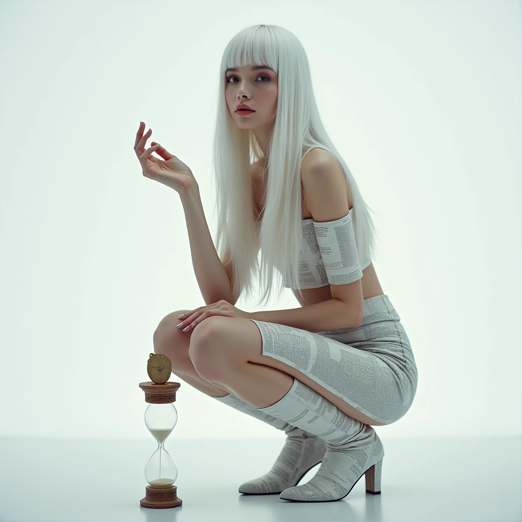 A woman with long straight white hair,she will wear a paper crop top made from newspaper,a mini paper skirt made from newspaper and a boot made from newspaper,she will be crouching and the background will be white ,I want her to be beautiful like a model and in her hand she will have an hourglass